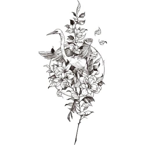 Temporary Tattoo Stickers Red-crowned Crane Moon Flower Bush Design Fake Tattoos Waterproof Tatoos Arm Large Size for Women Girl