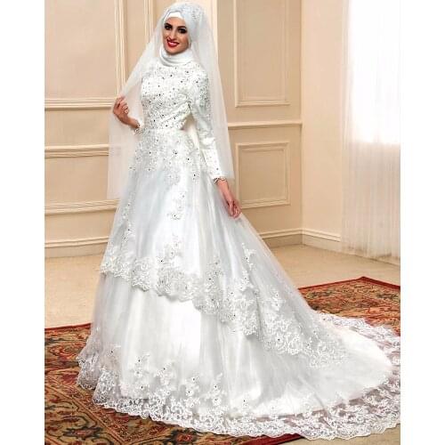 Custom Made Beading Crystal Appliques Tiered Muslim Wedding Dresses Elegant Bridal Gowns Plus Size China Vestido De Casamento