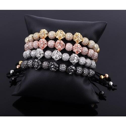 High Quality Luxury CZ Pave Ball Lion Head Royal Design Beaded Cord Adjustable Bracelet Men Women