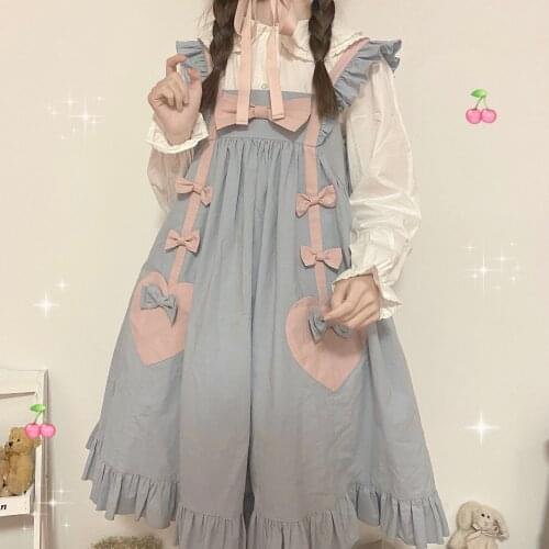 Japanese Soft Sister Dress Suspender Strap Cute Girl Lolita Kawaii Harajuku Pink Bow Blue Cute Teens Preppy Style Vestidos