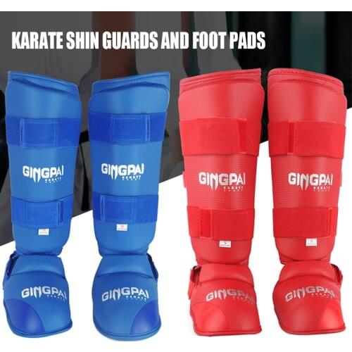 GINGPAI Professional Karate Shin Guards with Finger Red Blue Muay Thai Leg Guard Foot Pads Ankle Support MMA Taekwondo Protects