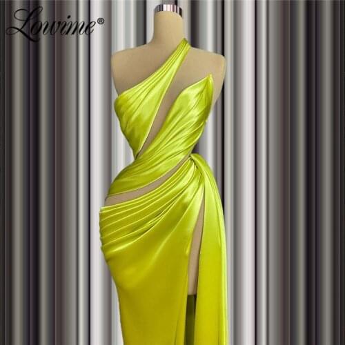 Lowime Green One Shoulder Mermaid Evening Dresses Hot Sexy Simple Cheap Party Gowns With High Slit Prom Pageant Gowns Vestidos