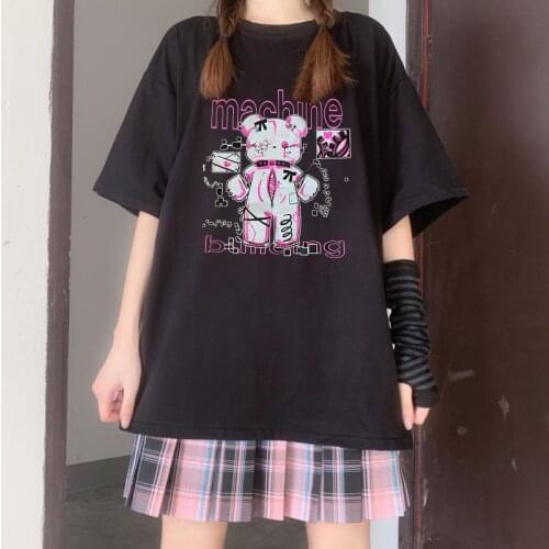 Japanese Anime Cartoon Print Harajuku Tops Loose Oversize Vintage Women T-Shirts Punk Cotton Short Sleeve Summer Black Clothes