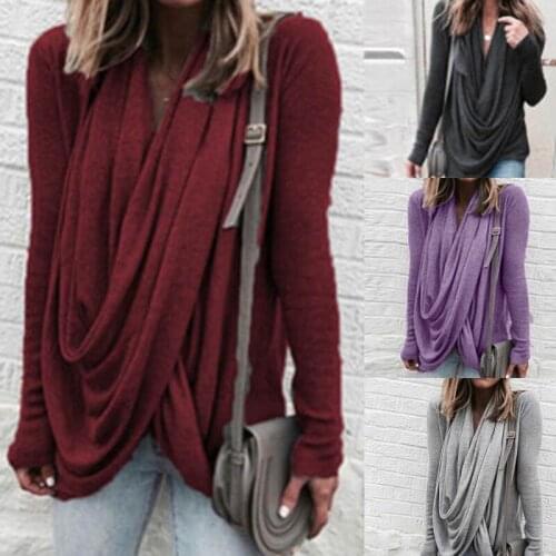 Women Sexy Casual Loose Deep V Neck Long Sleeve Pleated Wrap Top Shirt Tunic Autumn Warm Winter Blouse Female Blusas Hot