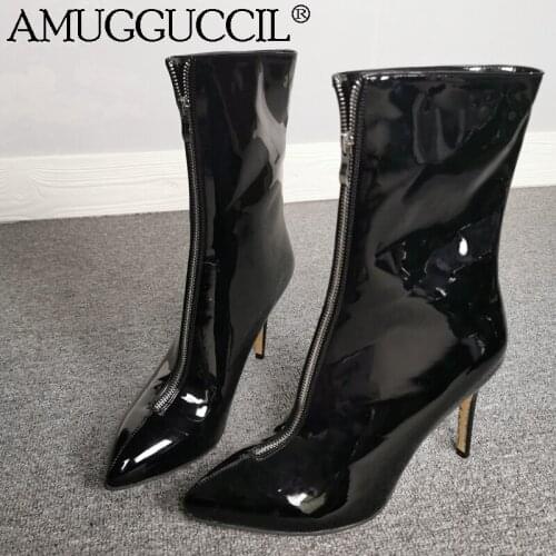 Customize 2020 New Plus Big Size 35-47 Black Zip Pointed Toe Fashion Sexy High Heel Females Ladies Mid Calf Women Boots X1929