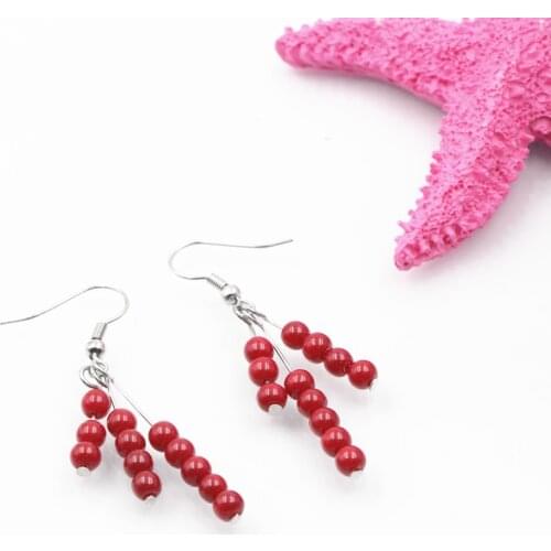 Fashion Jewelry Dangle Earrings 4mm Red Artificial Coral Earring for Women Vintage Style Wedding Party Gift Long Eardrop A662