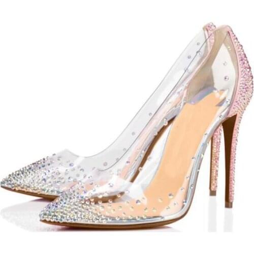 Moraima Snc Transparent PVC High Heel Shoes Crystal Embellisehd Thin Heels Women Pumps Sexy Pointed Toe Party Wedding Heels
