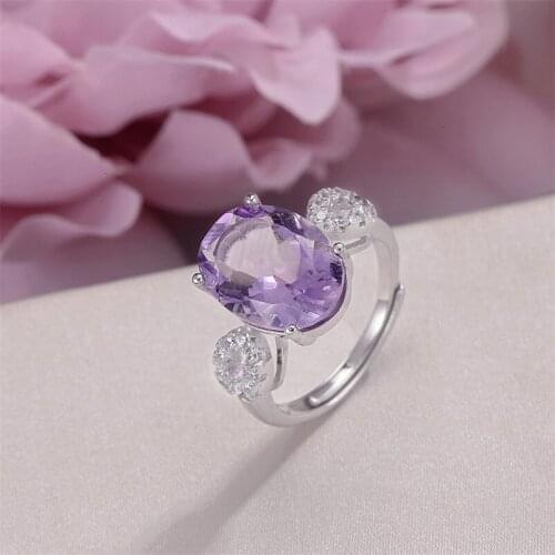 Natural Amethyst Rings For Women 14*10mm 925 Sterling Silver Oval Purple Gemstone White Gold Color Accessories Bijoux R-AM001