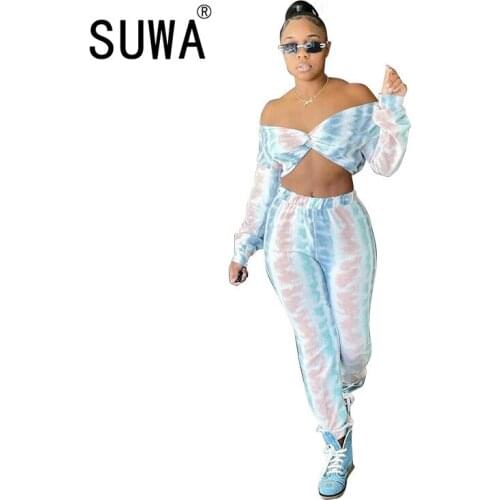 High Street Fashion Womens Two Piece Outfits Tie Dye Deep V Neck Crop Tops Tunic High Waist Pants Matching Sets Wholesale