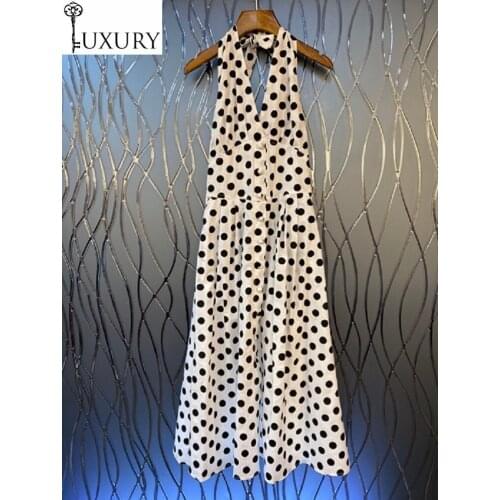 Summer 2020 Beach Long Fashion Women Sexy Deep V-Neck Polka Dot Print Vintage Buttons Deco Sleeveless Casual Club Dress