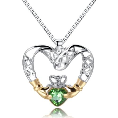 Womens Necklace Caring Hands Protection Crown Green Zircon Silver Color Necklace Engagement Necklace Give Girlfriend Gift