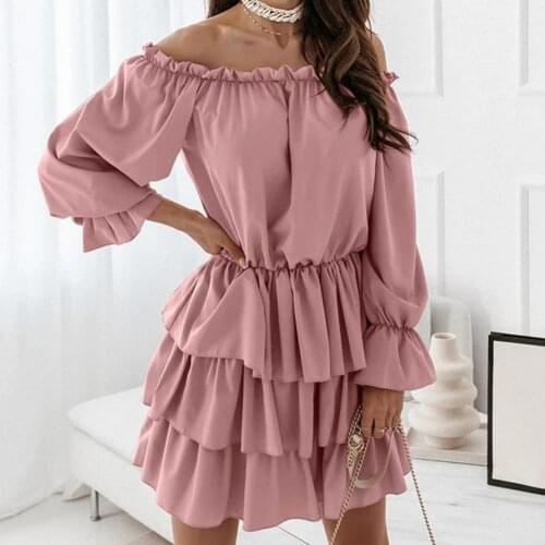 Dress women elegant 2021 Slash Neck Solid Color Mini Dress Women Long Sleeve Ruffle Hem Tunic Cake Dress Streetwear vestidos