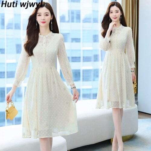 2021 Elegant White Chiffon Lace Hollow Out Sexy Dress Spring Autumn Korean Bodycon Midi Vestido Women Casual Vintage Party Dress