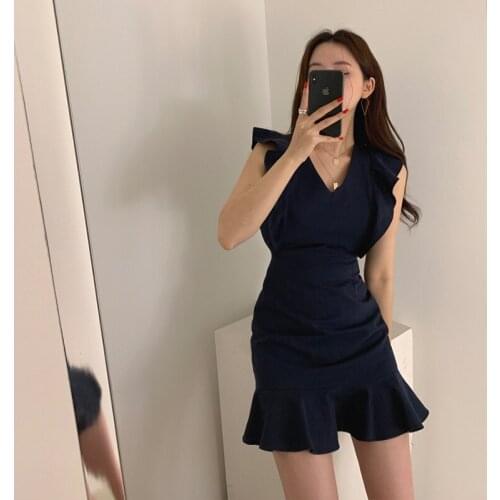 Dresses Summer Chic Elegant Sexy V Neck Flying Sleeve Wrap Hip Mermaid Dress Mini Slim Clothing Women Vintage Korean Vestidos