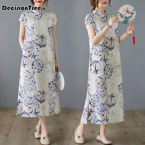 2021 chinese dress traditional printed dress qipao ladies evening dresses vintage cheongsam women long linen cheongsam dress