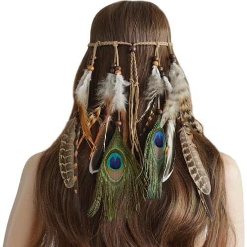 Behomian Ethnic Peacock Feather Long Tassels Headband Hair Headpiece Red/ Brown /White/ Yellow