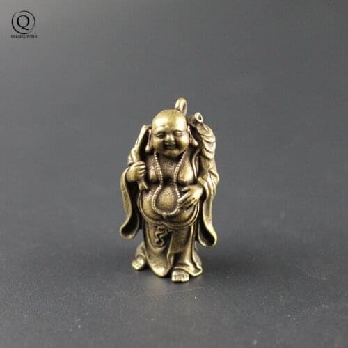 Vintage Brass Smiling Maitreya Buddha Figure Key Chain Pendant Jewelry Copper Lucky Car Key Chain Rings Hangings DIY Accessories