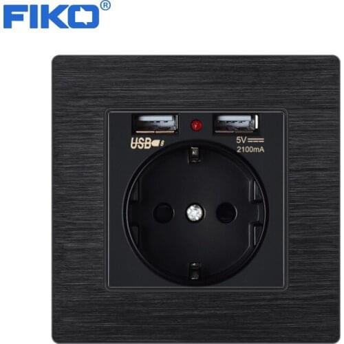 FIKO Black Aluminum Metal Panel Dual USB Charging Port 2.1A 16A Russia Spain Wall Socket EU Power Outlet Series