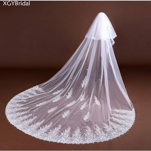 2021 New Arrival Wedding Veils With Metal Comb Two-Layer Cathedral Veil Appliqued Applique Edge 3.5 Meters Auditorium White