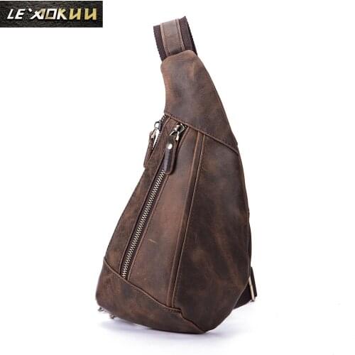 Quality Mens Original Leather Fashion Tringle Chest Pack Bag Design Male Sling Crossbody One Shoulder Bag Backpack Daypack 8807d