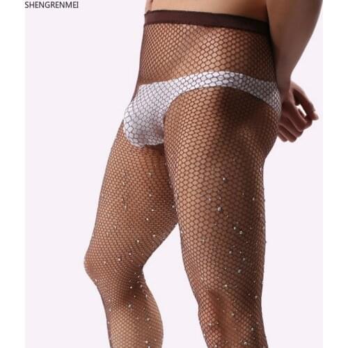 SHENGRENMEI Men Coffee Tights Sexy Fishnet Stockings Mens Rhinestone Pantyhose Man Transparent Bling Panty hose Dropshipping