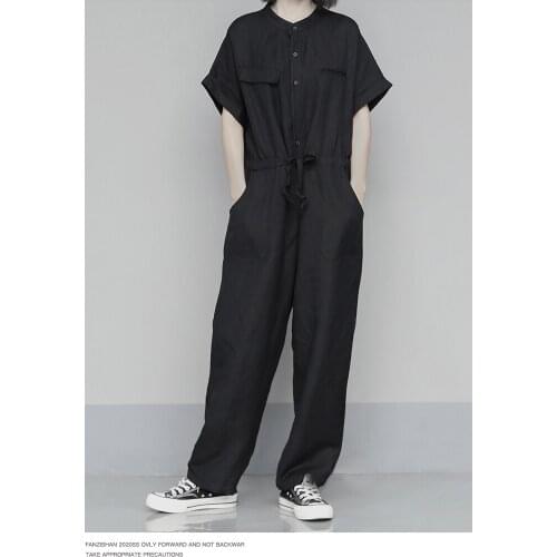 Spring and summer ladies new ramie cotton short sleeve overalls pure color loose waist rope design short sleeve jumpsuit