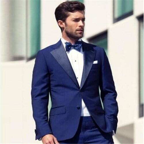 Navy Blue 2 Pieces Men Suits Costume Homme Terno Groom Tuxedos Groomsmen Mens Wedding Suits Slim Prom Fit Blazer( Jacket+Pants)
