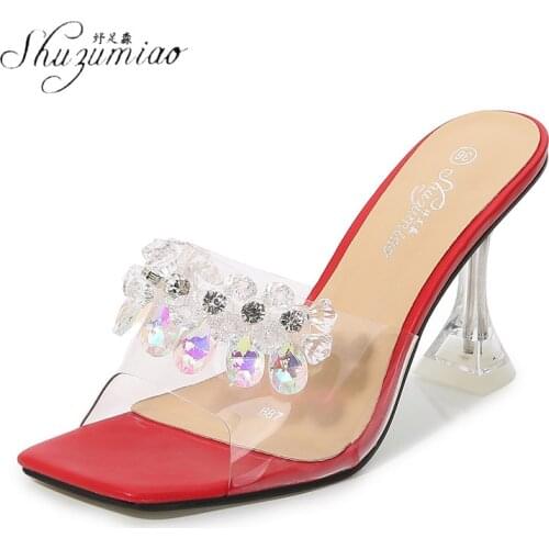 SHUZUMIAO 2021 Summer Women Sexy 9cm High Heels Transparent Slippers Glitter Rhinestone Sandals Bling Crystal Gold Heels Wedding