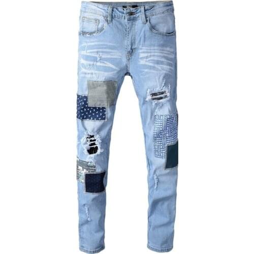 Trendy Blue Patchwork Jeans For Men 2020 Ripped Streetwear Straight Jeans Men Designer Hip Hop Party Club Denim Pants Trousers