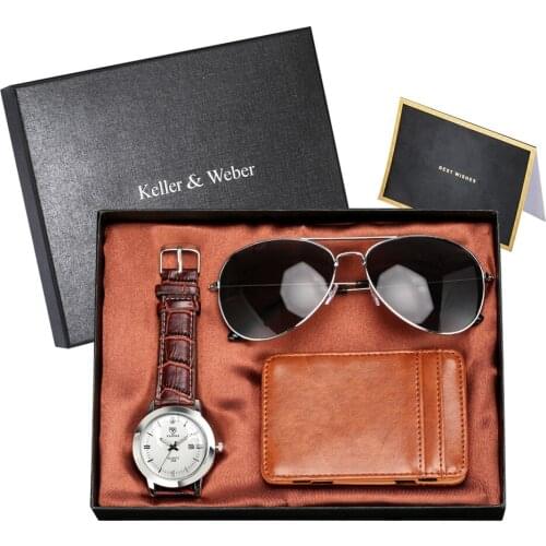 Keller & Weber Mens Watch Set Quartz Leather Wristwatch Magic Card Pack Sunglasses Mens Birthday Gift Sets