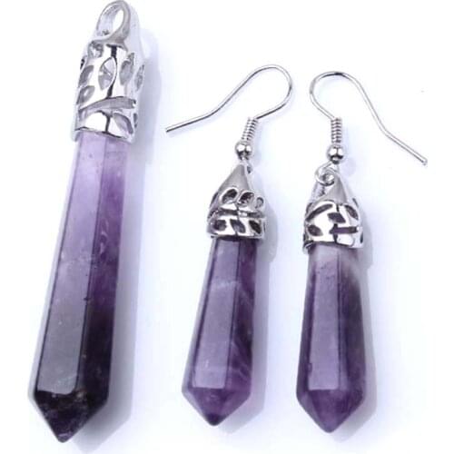 KFT Silver Plated Natural Healing Amethysts Purple Crystal Hexagon Prism Pendulum Stone Pendant Earrings For Women Jewelry Sets