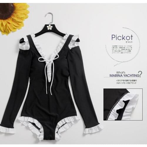 2021 New Women Black One Piece Swimwear Long Sleeve Bathing Suit Sexy Swimming Beachwear Monokini Swimsuit Female Holiday Wear