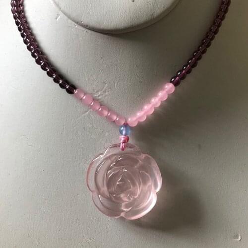 Wholesale Pink Natural Chalcedony Pendant Peony Flower Blossoming Sweater Chain Necklace With Fine Bead Chain Crystal Jewelry
