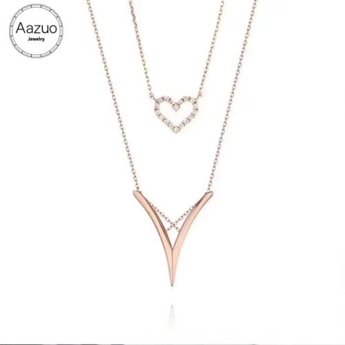 Aazuo 18K Rose Gold Real Diamonds IJ SI 0.06ct Heart Letter V Double Lines Pendent Necklace For Women Engagement Wedding Au750
