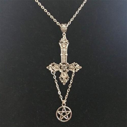 Vintage Large Handstand Cross and Pentagram Necklace, Gothic Satan Necklace, Witch Punk Jewelry Mystery Gift