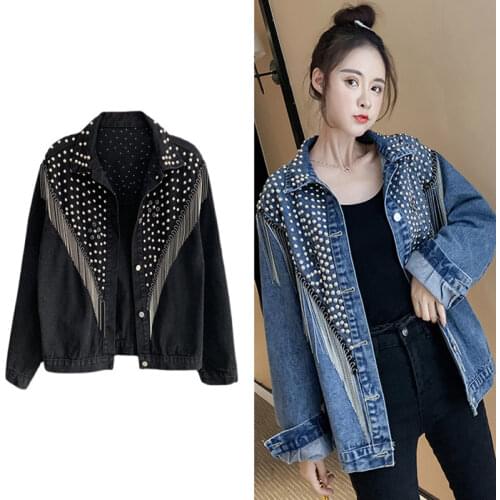 Vintage Rivet Tassel Denim Jacket Women Turn-down Collar Casual Coat Female Outwear Denim Feminine Streetwear Jean Jackets