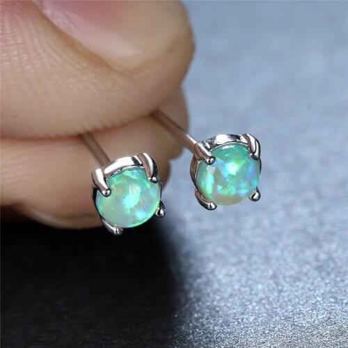 Vintage Silver Color Wedding Earrings Blue Green White Opal Stud Earrings Dainty Small Round Stone Minimalist Earrings For Women
