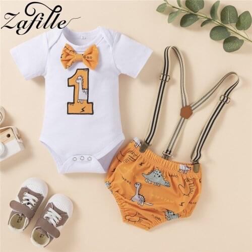 ZAFILLE Cartoon Dinosaur Baby Clothes Boys Summer "Number 1" Bodysuit+Overalls Pants 2pcs Newborn Outfits Baby Boy Clothes Set