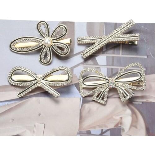Korean Crystal Hairpins Women Hair Jewelry Fashion Flower Bow Gold Barrettes Clips Pins Wedding Bridal Tiara Accessories