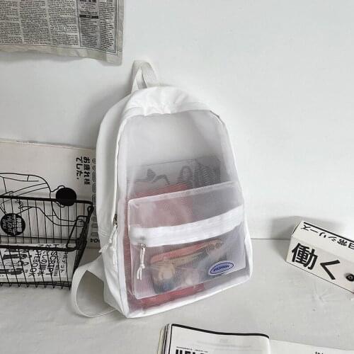Ladies Fashion Cool Transparent Pure Color Mesh Nylon Cloth School Bag Backpack School Large Capacity Travel Shopping Handbag