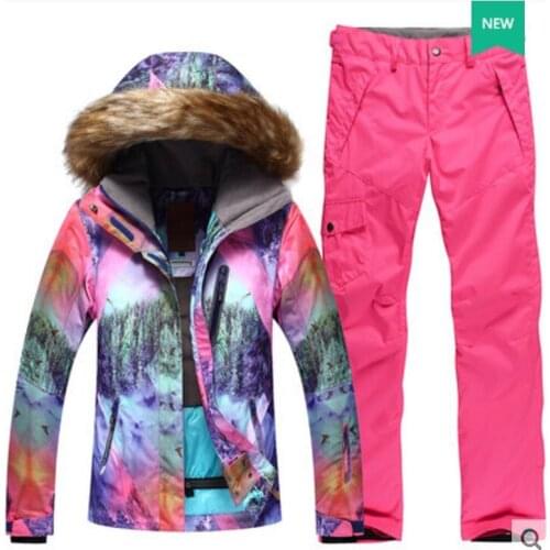 Womens pink ski suit female pink violet fur collar riding hiking snow ski jacket and pink ski pants winter outdoor sports suit