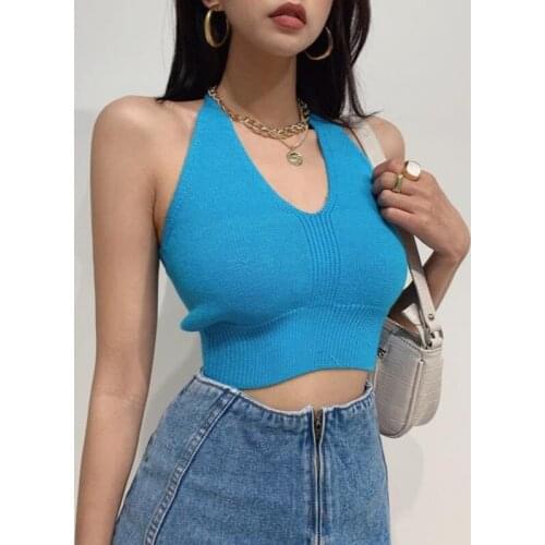 Sexy Halter Top Women Summer 2021 Korean Style Solid Color Lace Up Backless V Neck Slim Fit Cropped Knit Tank Top Camisole T607