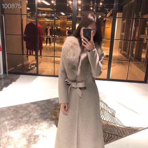 2020 Autumn Women Luxurious natural wool long Trench coat with big natural fox fur cuff ladies winter coats