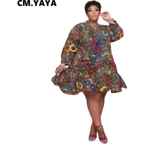 CM.YAYA Women Plus Size Dress Print Full Sleeve O-neck Knee Length Loose Maxi Dresses Sexy Fashion Vestidos Autumn Outfits 2021