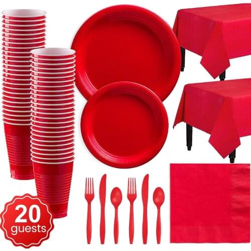 142pcs Solid Color For 20 People Red Party Set Disposable Plastic Plate Cup Xmas Birthday Party wedding Decoration Baby Shower