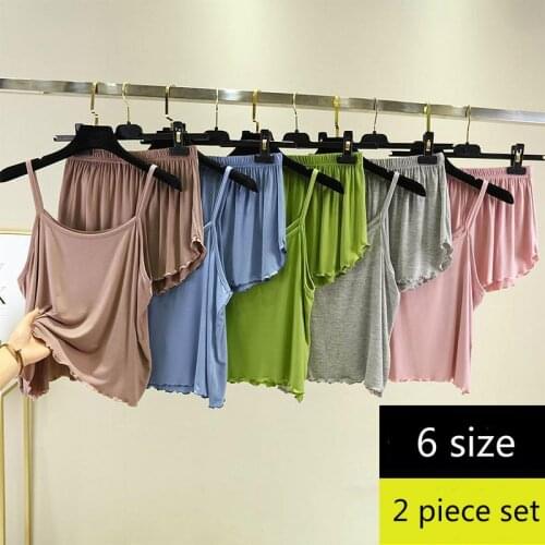 2020 Modal Sling Women Thin Loose Top Camis Large Size Pajamas Sleeping Suit Lace Lining Shorts Vest Two-piece Set