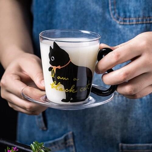 250ml Cartoons Cat Glass Juice Coffee Cup With Stainless Spoon Cat Tail Handle Water Cup Couple Coffee Mug Lover Gifts