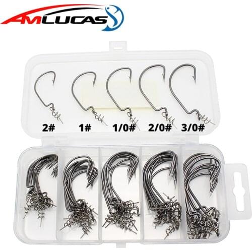 50pcs/lot Carbon Steel Crank Hooks with Spring lock pin set 5 size Soft Bait Fish Hook Fishhooks with Storage Box Tackle WE285