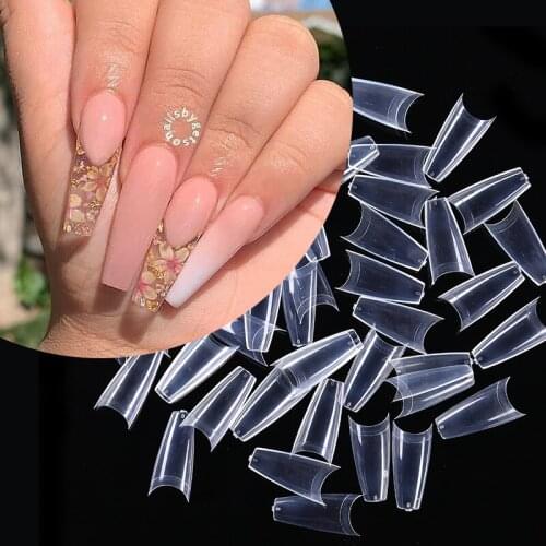 500pcs/Set False Nail Art Tips French Natural Transparent Coffin False Nails Tips T-Shaped Half Cover Acrylic UV Gel Nail Polish