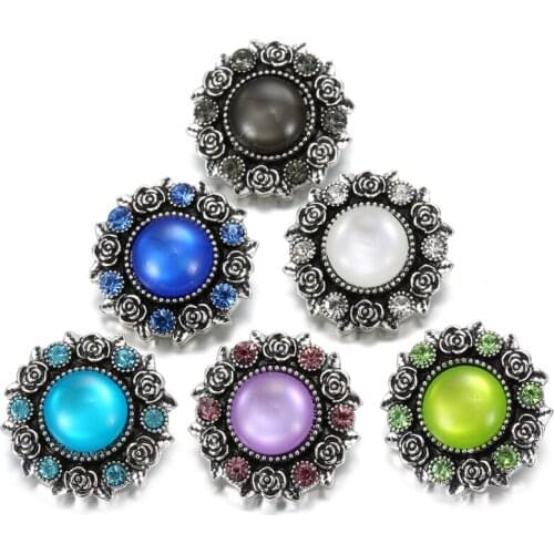 6pcs/lot New Snap Button Jewelry 18mm Rhinestone Flower Snap Buttons Fit 20mm 18mm Leather Snap Bracelet Bangle Necklace